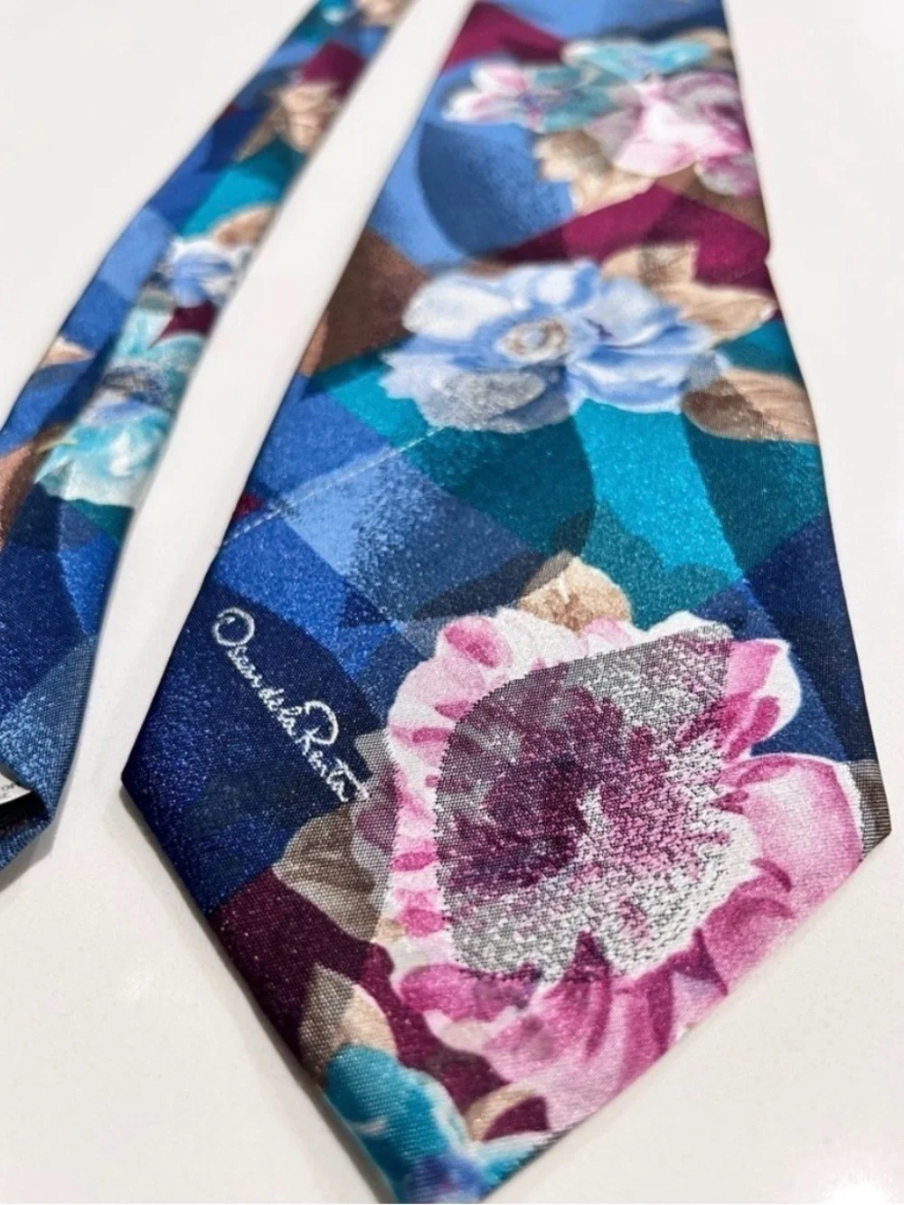 Oscar de la Renta Teal Blue Floral Silk Scarf